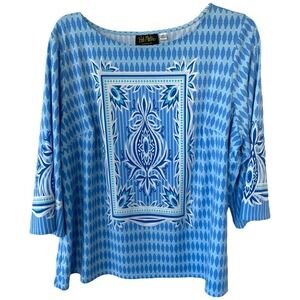 Bob Mackie Liquid Knit Size 2X Boat neck Blue white top